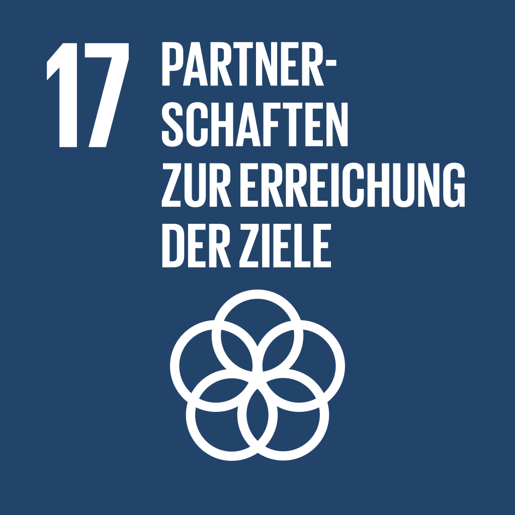 Symbol des SDG 17 – ‚Partnerschaften zur Erreichung der Ziele‘: Ein gelbes Quadrat mit einem weißen Icon von sich überschneidenden Kreisen, das für die Förderung globaler Partnerschaften zur Umsetzung der SDGs steht.