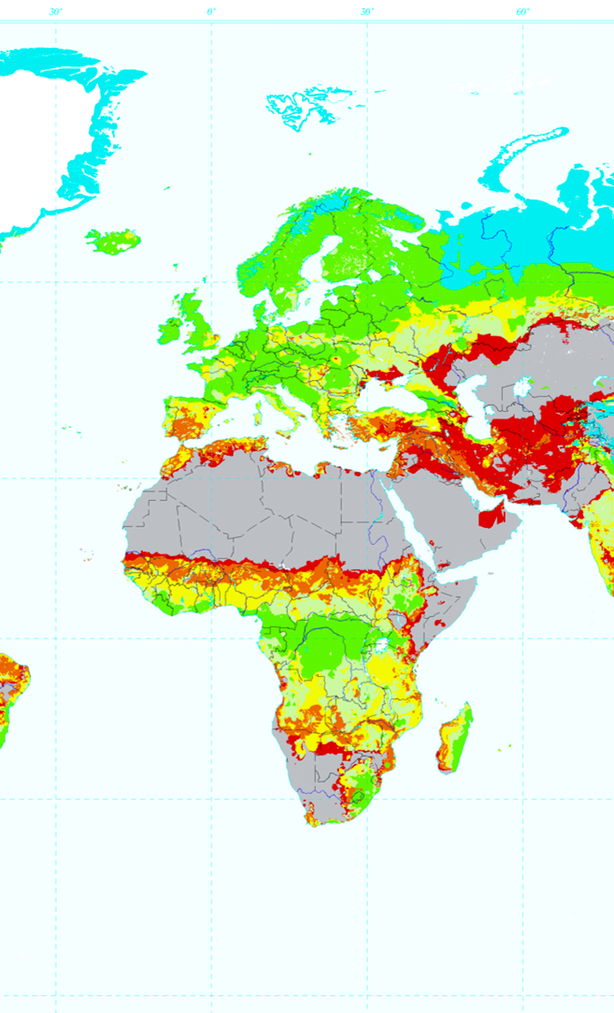 Weltkarte mit farblicher Kennzeichnung der von Desertifikation bedrohten Gebiete basierend auf USDA-Daten von 1998