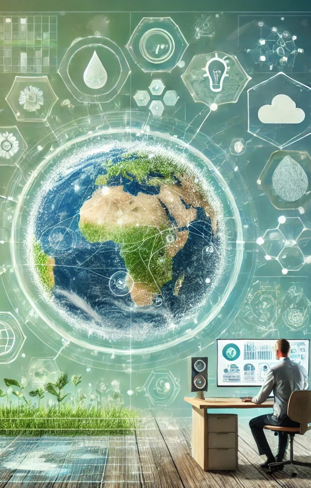 Digitale Darstellung Afrikas mit Fokus auf Namibia, umgeben von Umwelt-Icons – Symbol für den Eco Knowledge Hub