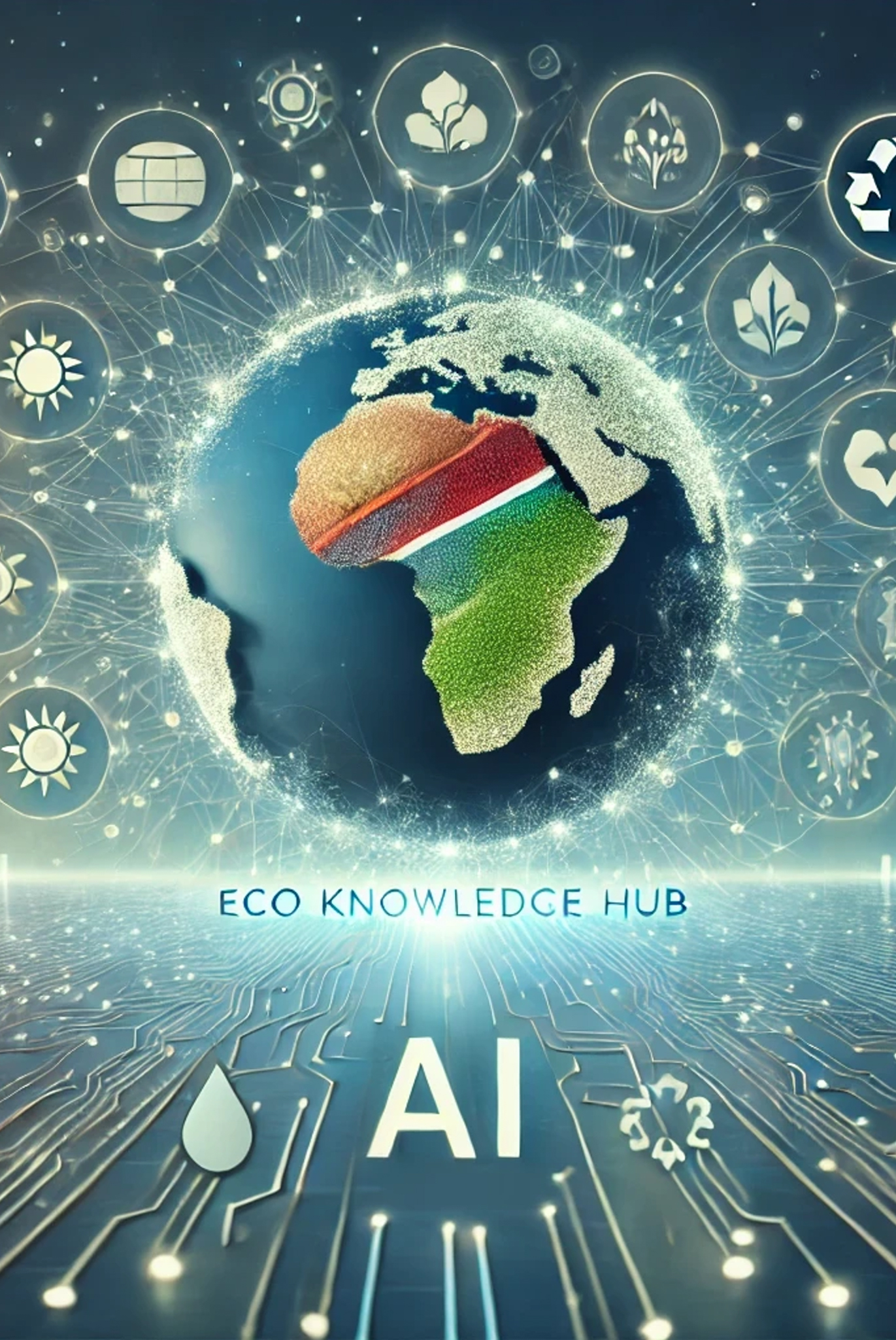 Digitale Darstellung Afrikas mit Fokus auf Namibia, umgeben von Umwelt-Icons – Symbol für den Eco Knowledge Hub