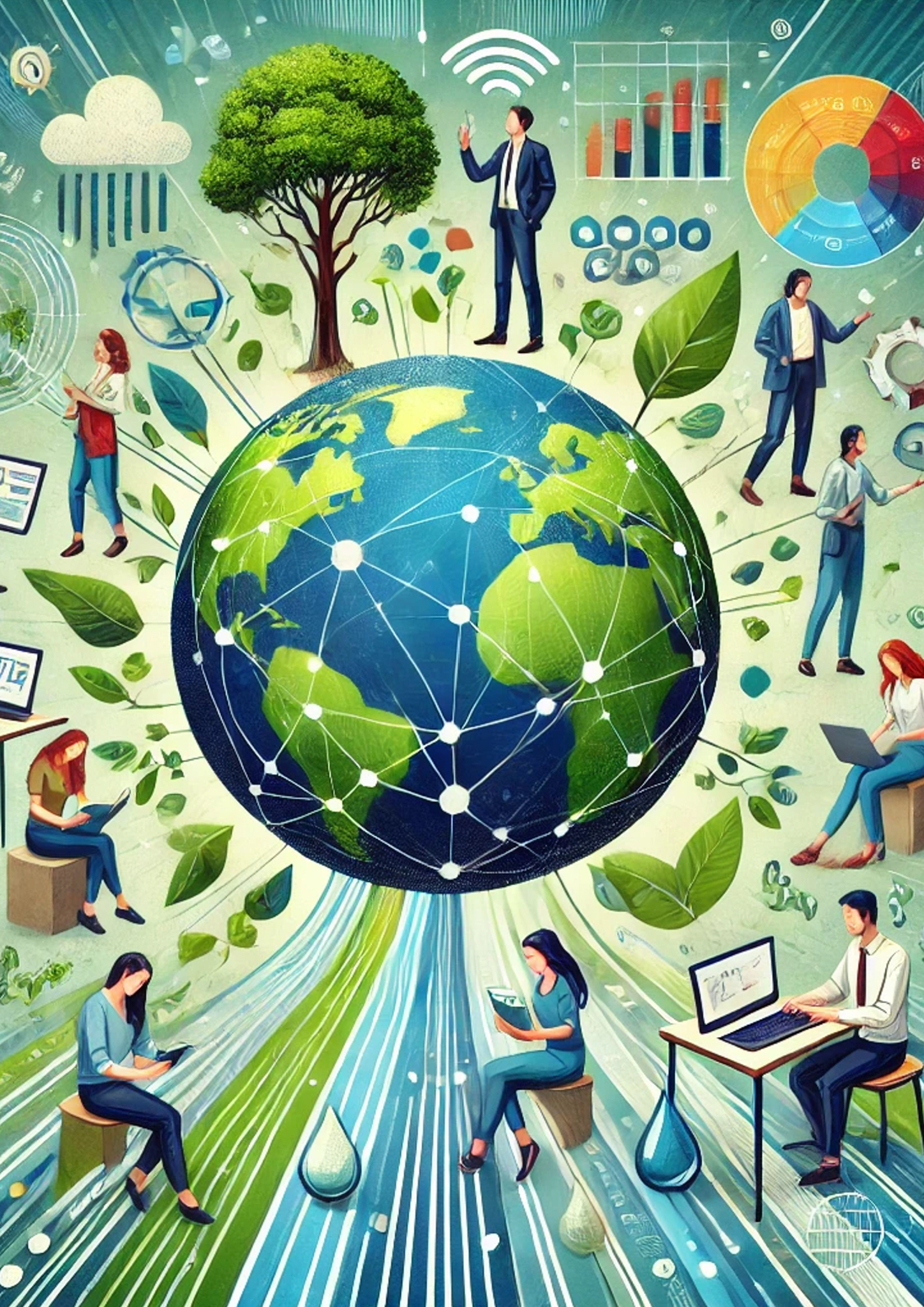 Illustration einer vernetzten Erde mit Menschen, Technologie und grüner Natur – Symbol für globale Umweltlösungen