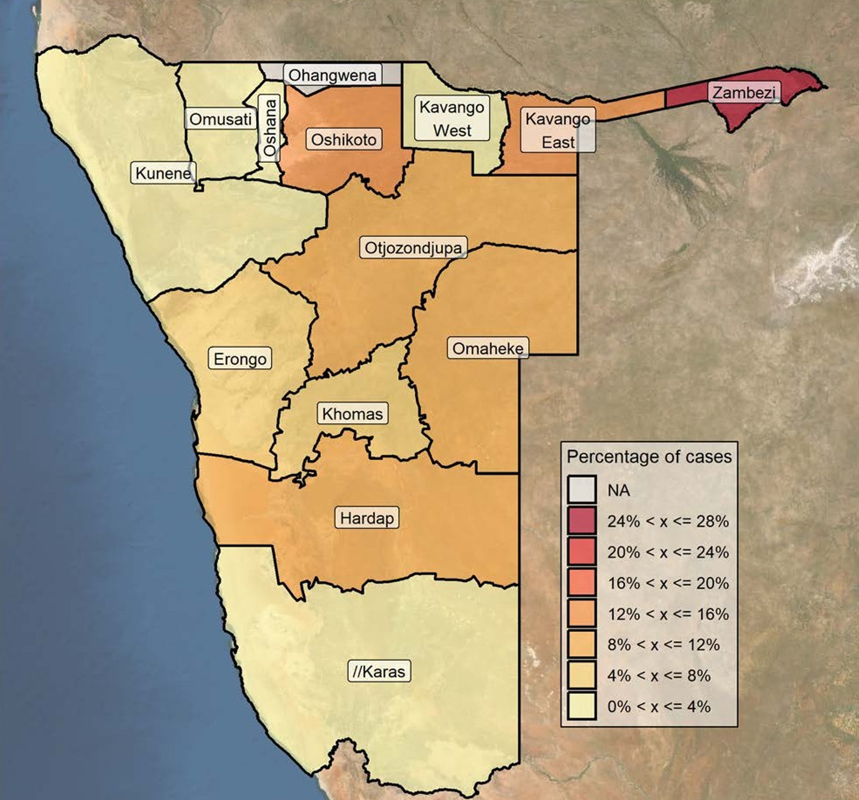 Karte zeigt regionale Verteilung von Fällen illegaler Fleischwilderei in Namibia 2024.