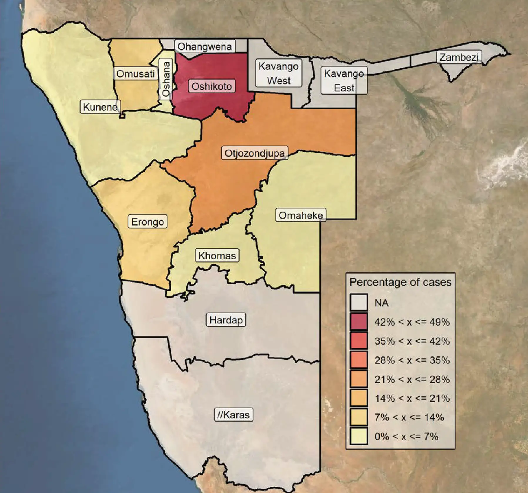Karte zeigt regionale Verteilung der registrierten Nashornwilderei-Fälle in Namibia 2024.