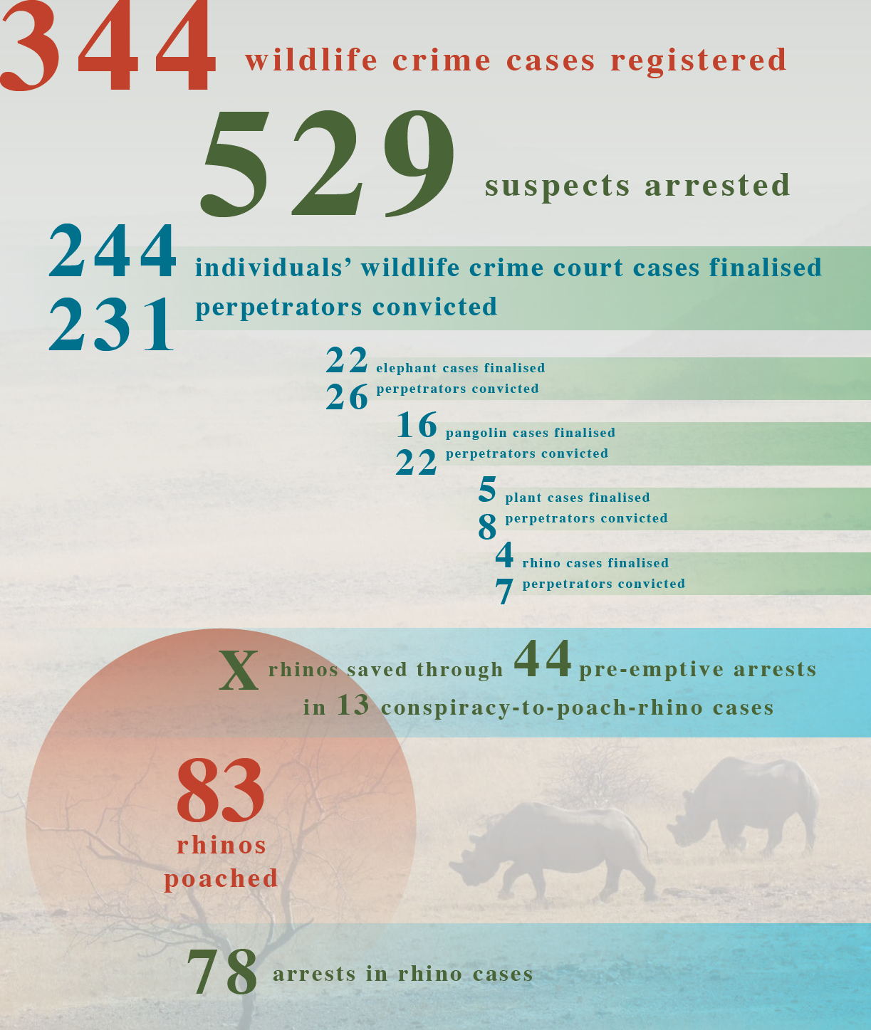 Infografik zu Wilderei und Strafverfolgung in Namibia 2024 mit Fallzahlen und Festnahmen.