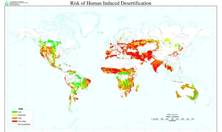 Weltweite Karte des Risikos menschlich verursachter Desertifikation nach USDA mit farblicher Kennzeichnung gefährdeter Regionen