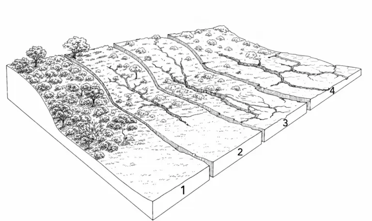 Schema der Desertifikation: Übergang von gesunder Vegetation zu stark erodiertem, rissigem Boden