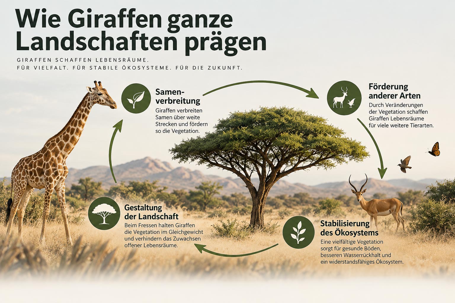 Infografik über die Rolle von Giraffen in Namibia bei Samenverbreitung, Landschaftsgestaltung und stabilen Ökosystemen
