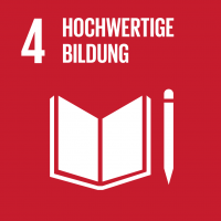 Symbol des SDG 4 – ‚Hochwertige Bildung‘: Ein gelbes Quadrat mit einem weißen Icon eines aufgeschlagenen Buches, das für das Recht auf hochwertige Bildung für alle Menschen steht.
