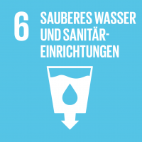 ymbol des SDG 6 – ‚Sauberes Wasser und Sanitäreinrichtungen‘: Ein türkisfarbenes Quadrat mit einem weißen Icon eines Wasserhahns und Tropfen, das für den Zugang zu sauberem Wasser und Sanitäreinrichtungen steht.