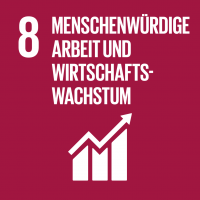 Symbol des SDG 8 – ‚Menschenwürdige Arbeit und Wirtschaftswachstum‘: Ein graues Quadrat mit einem weißen Icon eines Zahnrads und einer Figur bei der Arbeit, das das Ziel von wachsendem Wirtschaftswachstum und menschenwürdiger Arbeit unterstützt.