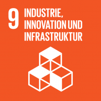 Symbol des SDG 9 – ‚Industrie, Innovation und Infrastruktur‘: Ein schwarzes Quadrat mit einem weißen Icon eines Turms und Zahnrädern, das für die Förderung von nachhaltiger Industrialisierung und Innovation steht.