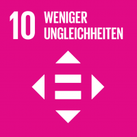 Symbol des SDG 10 – ‚Weniger Ungleichheiten‘: Ein lila Quadrat mit einem weißen Icon von zwei Händen, die sich entgegenstrecken, das sich für die Verringerung der Ungleichheiten innerhalb und zwischen den Ländern einsetzt.