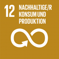 Symbol des SDG 12 – ‚Verantwortungsvolle Konsum- und Produktionsmuster‘: Ein rotes Quadrat mit einem weißen Icon von einem Recycling-Symbol, das für nachhaltige Konsum- und Produktionspraktiken steht.
