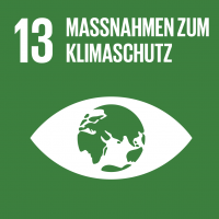 Symbol des SDG 13 – ‚Klimaschutz‘: Ein blaues Quadrat mit einem weißen Icon eines Thermometers, das sich für dringende Maßnahmen zum Klimaschutz und zur Bekämpfung des Klimawandels einsetzt.