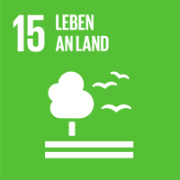 Symbol des SDG 15 – ‚Leben an Land‘: Ein grünes Quadrat mit einem weißen Icon eines Baums und Tieres, das für die Erhaltung der terrestrischen Ökosysteme und Biodiversität steht.