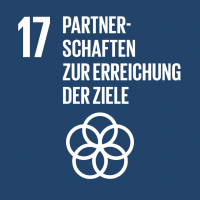 Symbol des SDG 17 – ‚Partnerschaften zur Erreichung der Ziele‘: Ein gelbes Quadrat mit einem weißen Icon von sich überschneidenden Kreisen, das für die Förderung globaler Partnerschaften zur Umsetzung der SDGs steht.