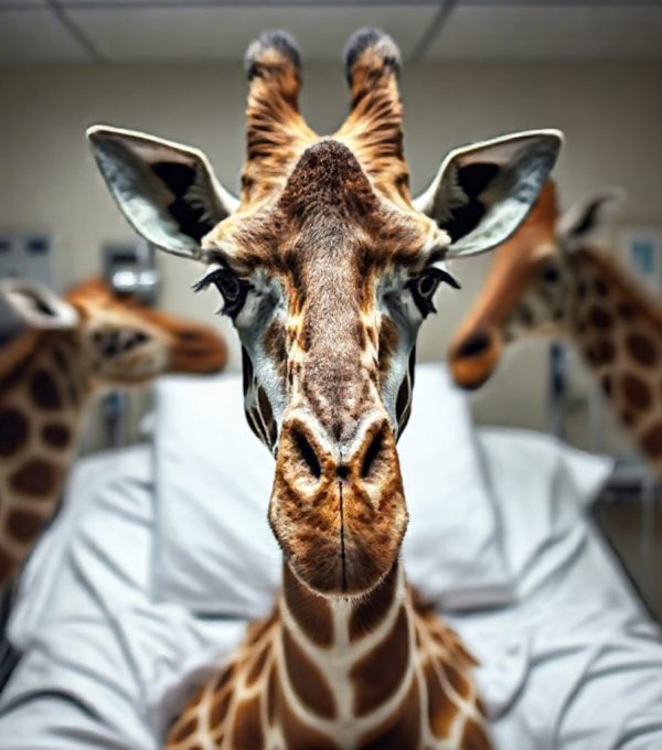 namibian_wildlife_foundation_ev_giraffe_im_krankenbett_tiermedizin Eine Giraffe liegt in einem Krankenhausbett, begleitet von weiteren Giraffen – symbolisches Bild für tiermedizinische Versorgung bedrohter Wildtiere.